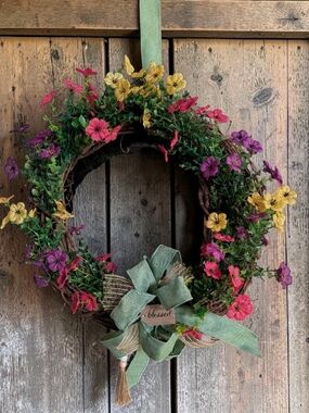 Floral Grapevine Wreath with Pink, Purple & Yellow Flowers